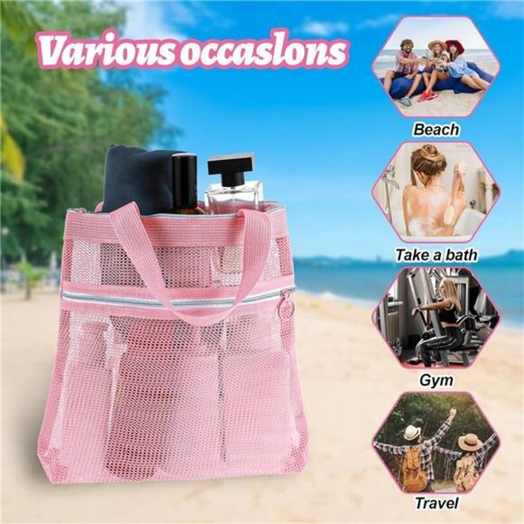 Pink mesh shower caddy bag set of 2 toiletry organizer quick dry for dorm gym ca - Picture 7 of 8